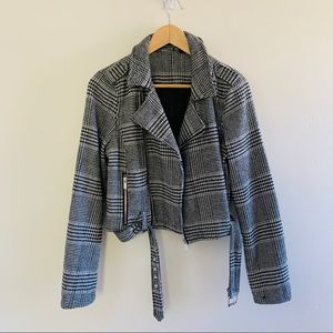 Houndstooth Plaid Cropped Moto Jacket